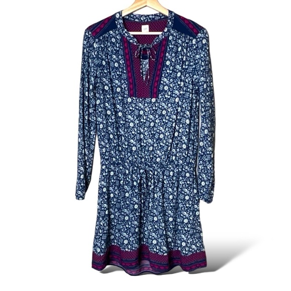 GAP 100% Rayon Crepe Floral Mini Dress Tie Neckline Tie Elasticized Waist Sz S - Picture 3 of 9